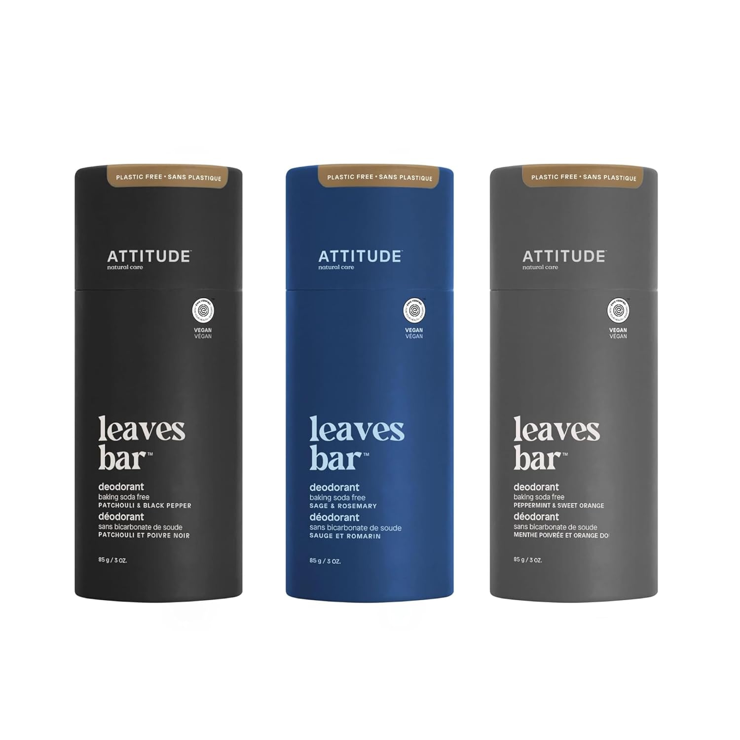Bundle of ATTITUDE 3 Plastic-Free Deodorants, Aluminum Free, Baking-Soda Free, EWG Verified Body Care, Vegan, 3 Ounces, Sage and Rosemary+ Patchouli and Black Pepper + Peppermint and Sweet Orange